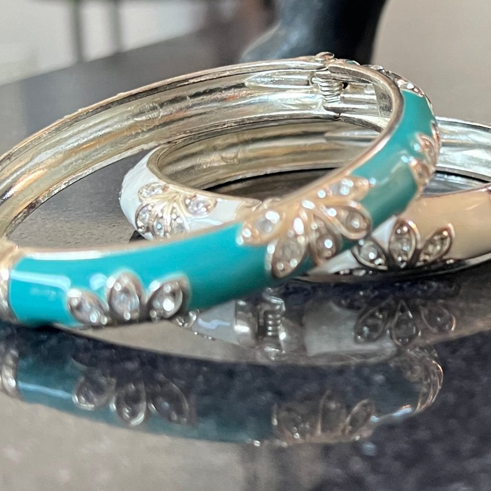 Vintage Enamel & Rhinestones on Silver Hinged Cuff-Two Cuffs White & Turquoise